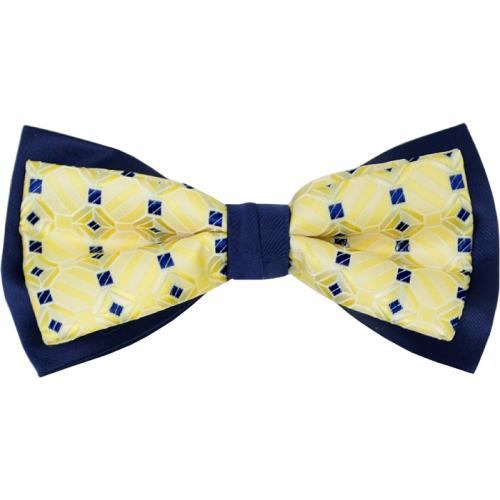 Classico Italiano Navy / Yellow Diamond Design Double Layered 100% Silk Bow Tie / Hanky Set